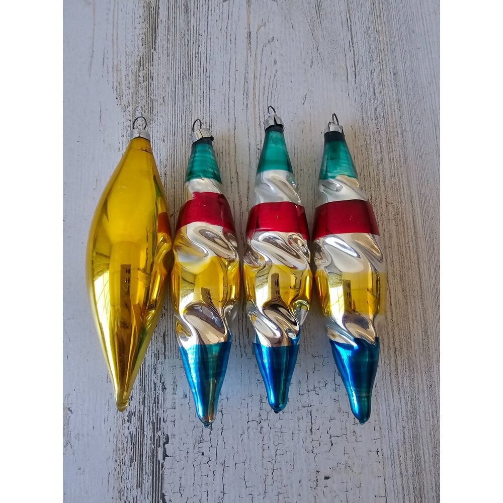antique West Germany torpedo Mercury glass ornament spiral set yellow red green‎